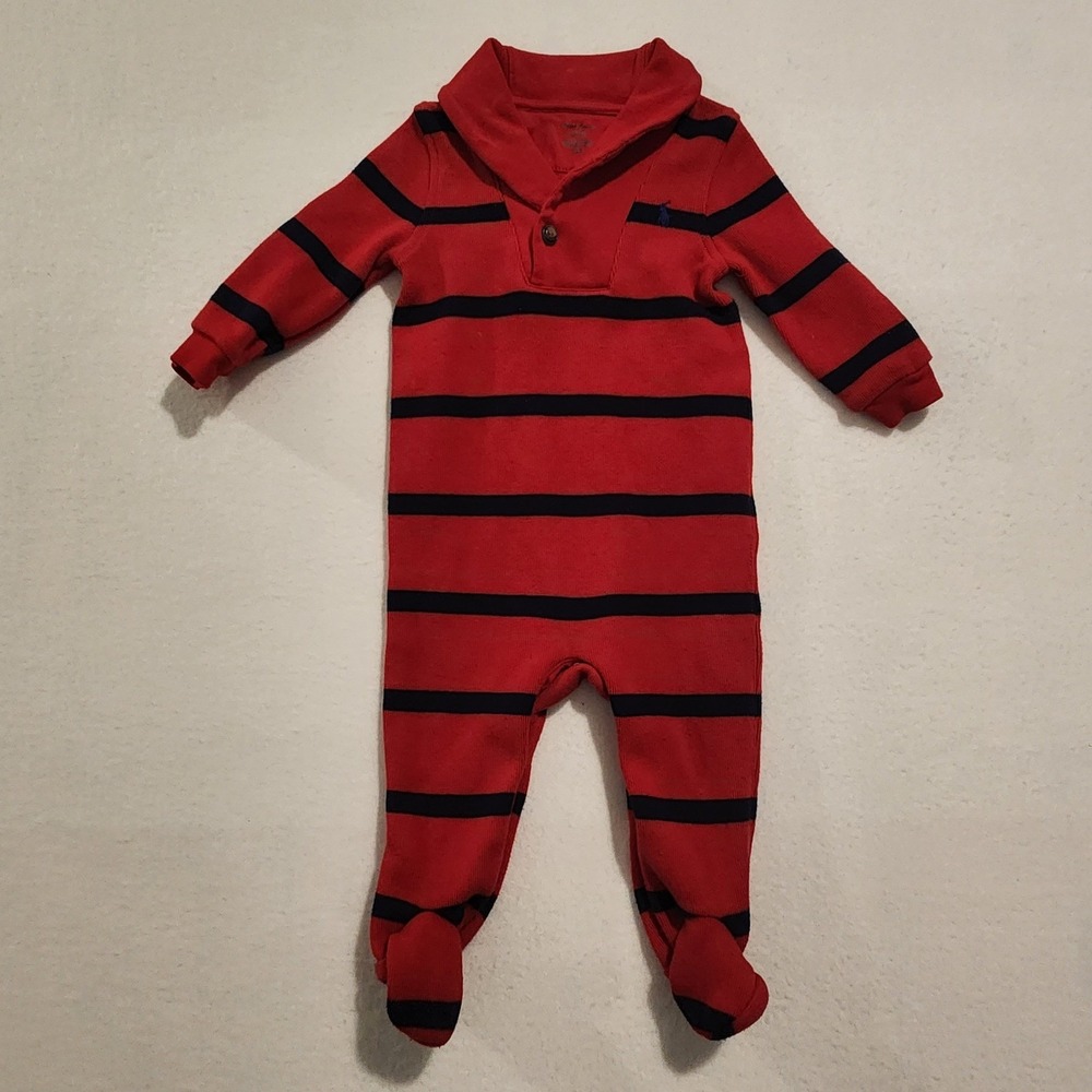 Ralph Lauren Baby Red Navy Stripe Footed Pajamas Sleepsuit 9M
